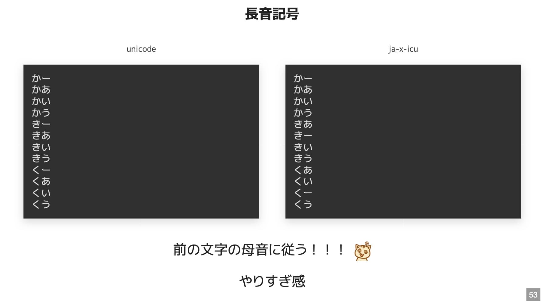 unicode と ja-x-icu の並び順の比較。ja-x-icu では長音記号が前の文字の母音に従って並び、「か」の後では「あ」の位置、「き」の後では「い」の位置、「く」の後では「う」の位置に来る