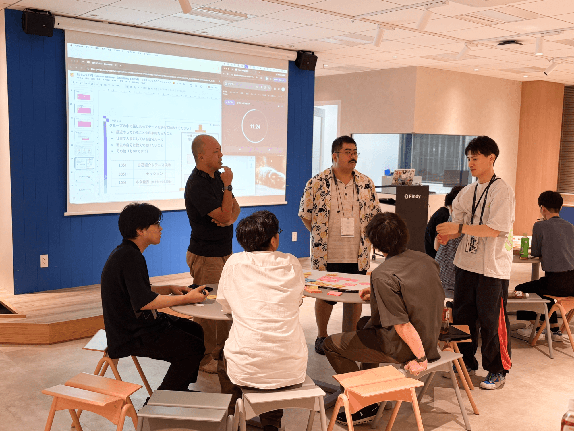 ワークショップ中の会場。スクリーンにはOSTの進め方と「10分 自己紹介&テーマ決め/30分 セッション/10分 ネタ発表」のタイムテーブル、残り時間11分24秒のタイマーが映っている。付箋を広げたテーブルを囲み、立ったまま議論する参加者たち