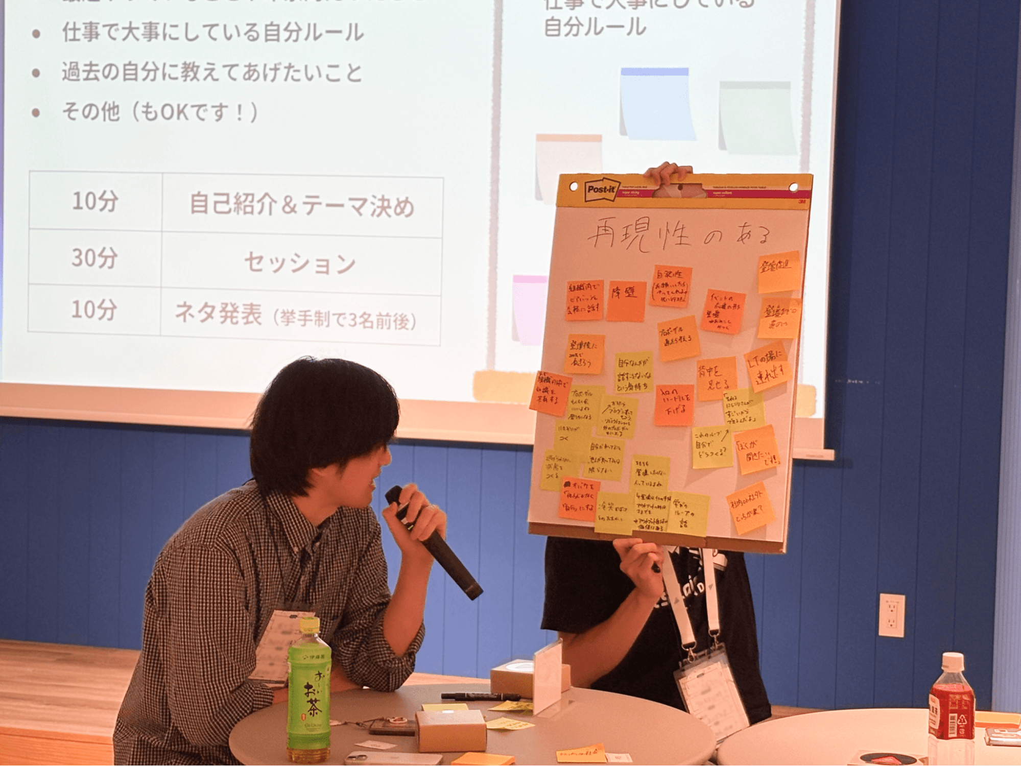 ネタ発表の場面。マイクを持って話す参加者の隣で、もう一人が付箋をびっしり貼ったフリップチャートを掲げている。「再現性のある」という見出しのもと、「登壇後に二次会で語ろう」「心理的ハードルを下げる」などの付箋が並ぶ