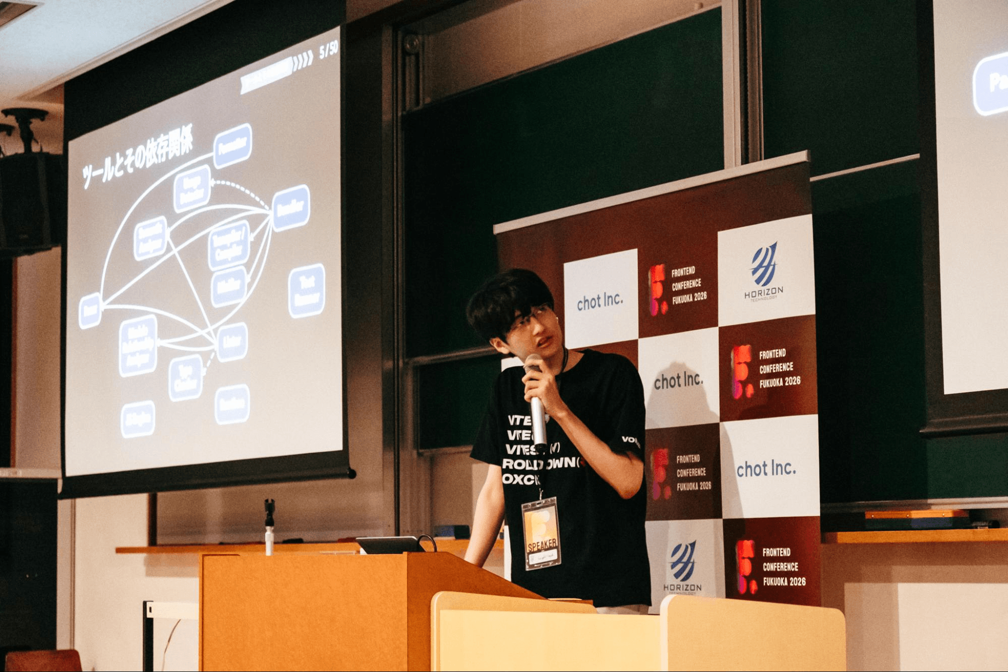 翠氏のセッション。JavaScriptのツールとその依存関係を図示したスライドを背に話す登壇者