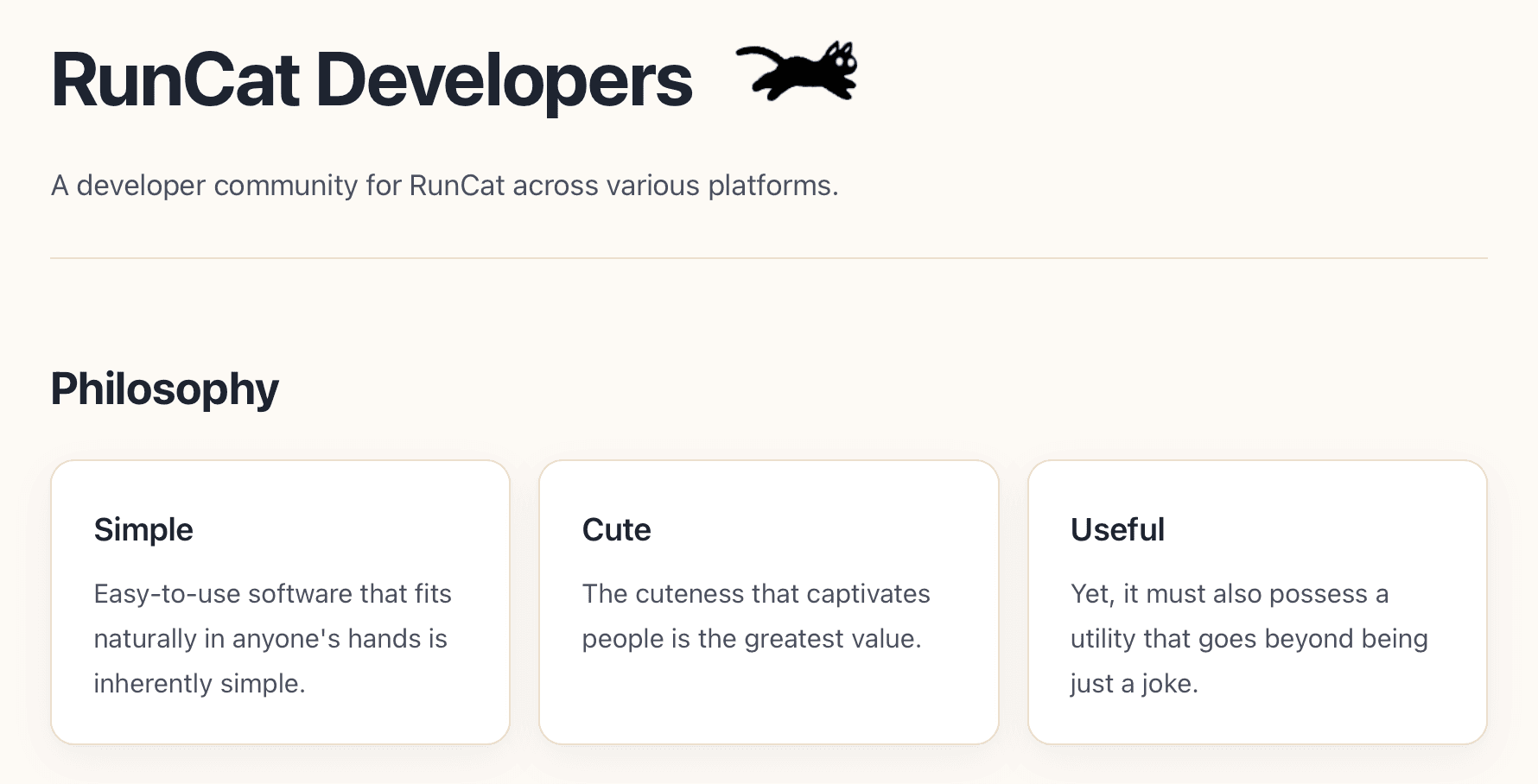 RunCatの3つのコンセプト「シンプル」「可愛い」「ちゃんと便利」を示したWebページ