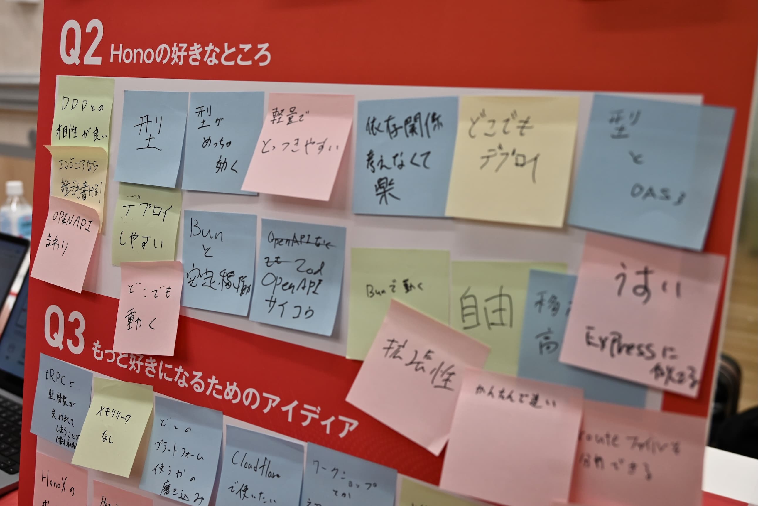 Honoの好きなところを聞くアンケートボードに参加者がコメントを書いた付箋が貼られている