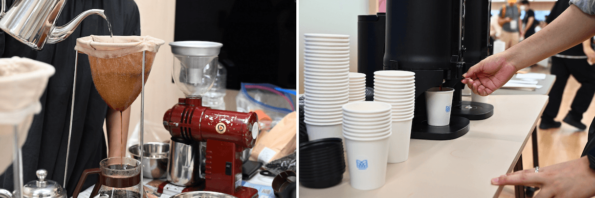 コーヒーをドリップしている様子とコーヒーを注ぐ参加者