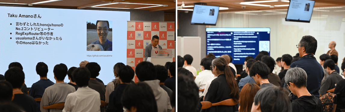 Amano氏の紹介スライドと現地の参加者の中で立つAmano